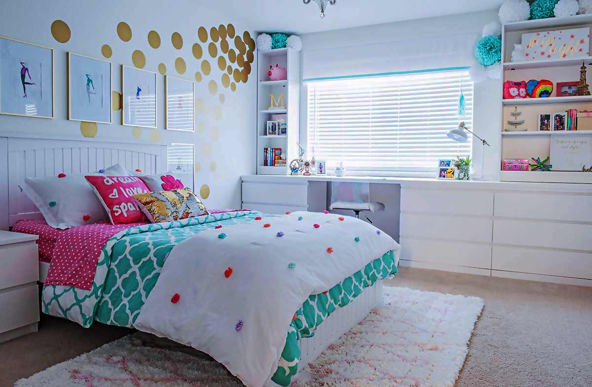 Girl Scout Bedroom in turquoise with white, cream, and beige hues